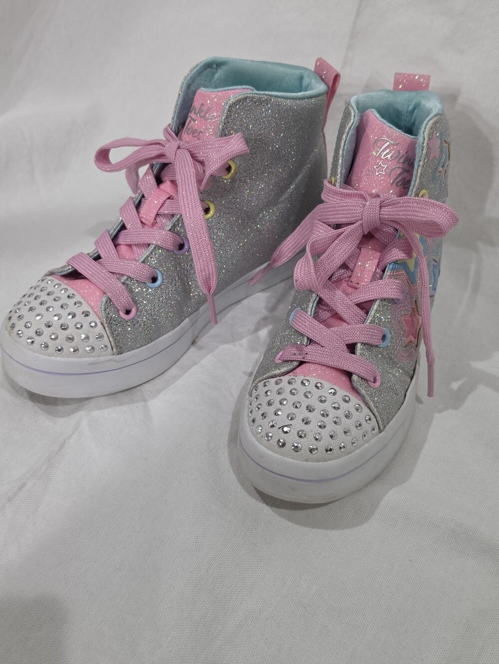 Skechers Silver Glitter High-Top Sneakers with Pink Laces and Studded Toecaps